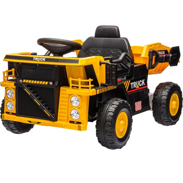 AIYAPLAY Elektrischer Traktor mit Schaufel, 12 V Kinder Aufsitztraktor, Kinder Elektroauto mit MP3 Funktion, Kinderfahrzeug mit Scheinwerfer, 3-6 km/h, für 3-5 Jahre Kinder, Gelb Aosom