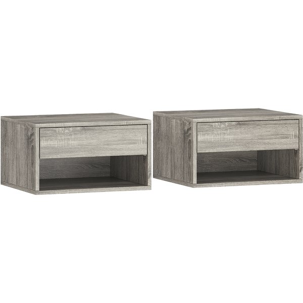 Homcom Lot De 2 Tables De Chevet Murales, Tables De Nuit, Tiroir, Compartiment Ouvert, Plateau, 37 X 32 X 21 Cm, Gris-image