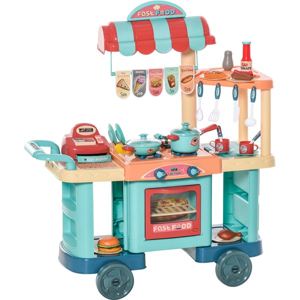 HOMCOM Kinderküche mit Zubehör 50-Teilige Spielküche Spielzeugküche Kunststoff Blau+Rot+Orange 79,5 x 33 x 90,5 cm Aosom