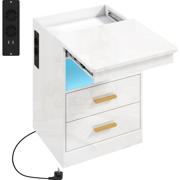 HOMCOM Moderner Nachttisch, Beistelltisch mit Ladestation und RGB-LED-Beleuchtung, Seitentisch mit 2 Schubladen und offenem Regal für das Schlafzimmer, Hochglanz Weiß Aosom