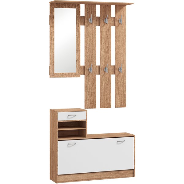 Homcom Meuble D'entréE Vestiaire Avec Panneau Porte-Manteau, Miroir Et Banc à Chaussures - 6 Crochets Et éTagèRe RéGlable-image