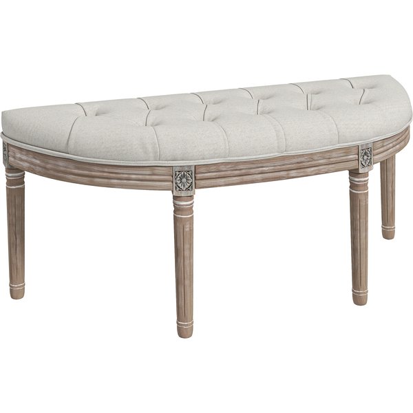 Homcom Banc Bout De Lit Demi-Lune Style Louis XVI En Bois Sculpté Et Tissu Lin CrèMe Aosom France-image