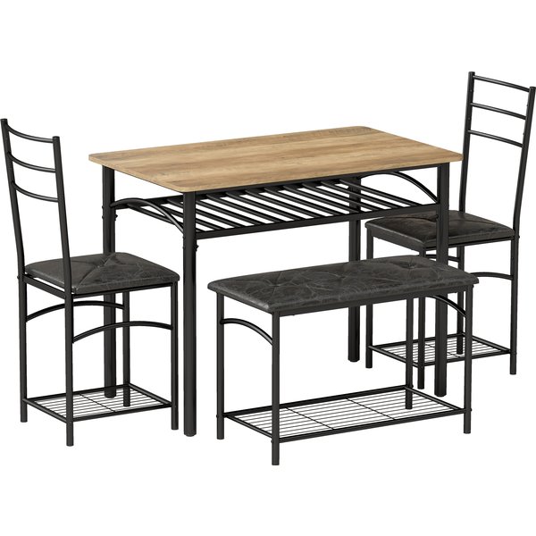 HOMCOM 4-tlg. Essgruppe, Esstisch mit 2 Gepolsterten Stühlen und Bank, Platzsparende Esszimmergruppe mit Ablage, Esstisch-Set für kleine Räume, Küche, Esszimmer, Braun Aosom