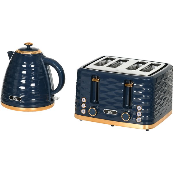 HOMCOM Wasserkocher Toaster Set Frühstück-Set mit 1,7L Wasserkocher, 4 Scheiben Toaster, 2200 W, 7 Bräunungsstufen, Auftauen, Aufwärmen und Krümelfach, Otter Thermostat, Blau Aosom