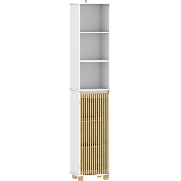 Homcom Colonne Salle De Bain, Meuble Salle De Bain Rangement Avec Porte à Lattes En Bambou Et Compartiments Ouverts, Blanc-image