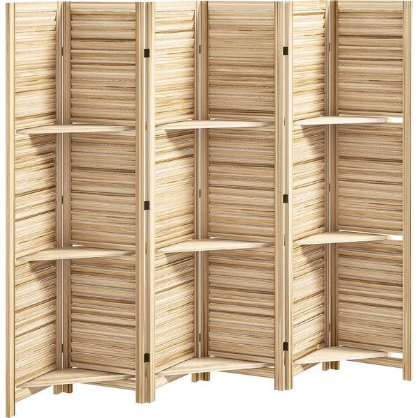Homcom Paravent IntéRieur En Bois 4 Panneaux 160 X 170 Cm, SéParateur De PièCe Pliable 3 éTagèRes, Bois Naturel Effet BrûLé-image
