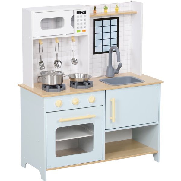 AIYAPLAY Kinderküche Spielküche mit Mikrowelle, Herd, Backofen und Küchenzubehör, Puppenküche mit Stauraum für 3+ Jahre Kinder, Blau Aosom