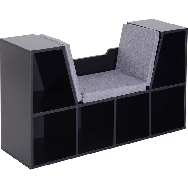 Homcom BibliothèQue Banc 2 En 1 Design Contemporain 6 Casiers 3 Coussins Fournis 102L X 30L X 61H Cm Noir Gris-image