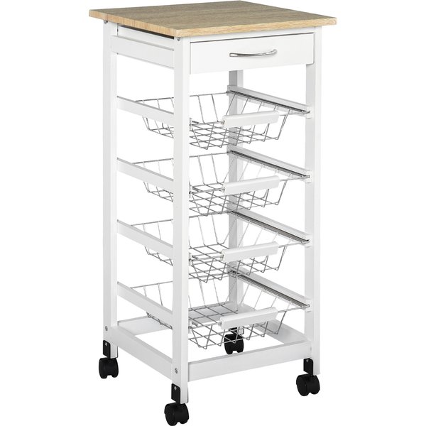 Homcom Chariot De Service Desserte à Roulettes Multi-Rangements 4 Paniers MéTal + Tiroir Bois De Pin 37 X 37 X 82 Cm Blanc-image