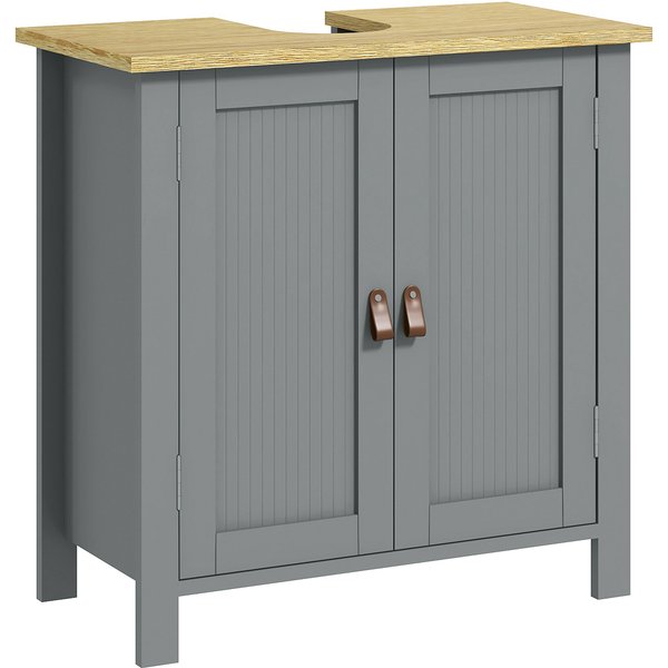 Kleankin Meuble Sous Lavabo 2 Portes éTagèRe RéGlable 2 éTages à L'intéRieure PoignéEs En Pu 60 X 30 X 60 Cm Gris-image