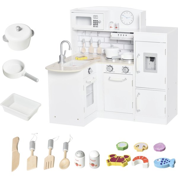 HOMCOM Kinderküche Spielküche mit elektronischem Wasserspender, Mikrowelle und Kühlschrank, Puppenküche mit Backofen, Kochgeschirrset, Küchenzubehör für Kinder ab 3 Jahren, Weiß Aosom