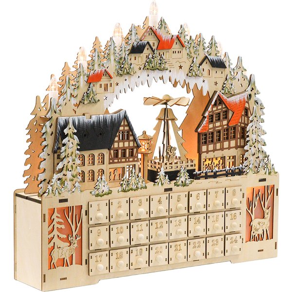 HOMCOM Adventskalender zum Befüllen 24 Schubladen Fächer Weihnachtskalender mit LED-Lichtern Adventskalenderbox Weihnachtsdekoration DIY MDF Naturholz 45 x 9 x 42,5 cm Aosom