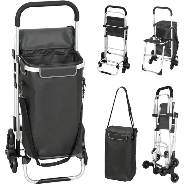HOMCOM 3-in-1 Einkaufstrolley klappbar mit 40L Kapazität, klappbar Sitz, Trolley bis 25kg belastbar Einkaufswagen Sackkarre Umhängetasche Treppensteiger Duneklgrau Aosom