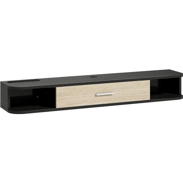 Homcom Meuble Tv Suspendu 120 Cm, Meuble TéLé Jusqu'à 50 Pouces, Porte Rabattable, 2 ÉTagèRes Ouvertes Et Passe-CâBles, Noir-image