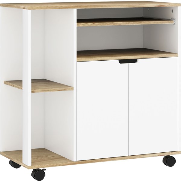 HOMCOM Küchenwagen Servierwagen mit Schrank, verschiebbaren und verstellbaren Einlegeböden, Rollwagen mit Arbeitsplatte, Rollen für Esszimmer, 80 x 40 x 82 cm, Weiß Aosom
