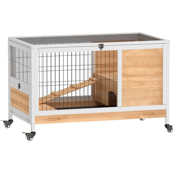 PawHut Kaninchenstall aus Holz Hasenstall mit 2 Etagen Klappdach Rädern Zwei Eingängen Rampe Ausziehbarem Tablett Meerschweinchenstall Kleintierstall für drinnen 90 x 53 x 59 cm Gelb Aosom