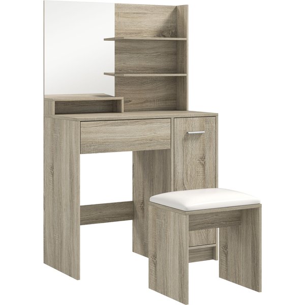 HOMCOM Dressing Table and Stool Set, with Storage - Natural Wood Finish