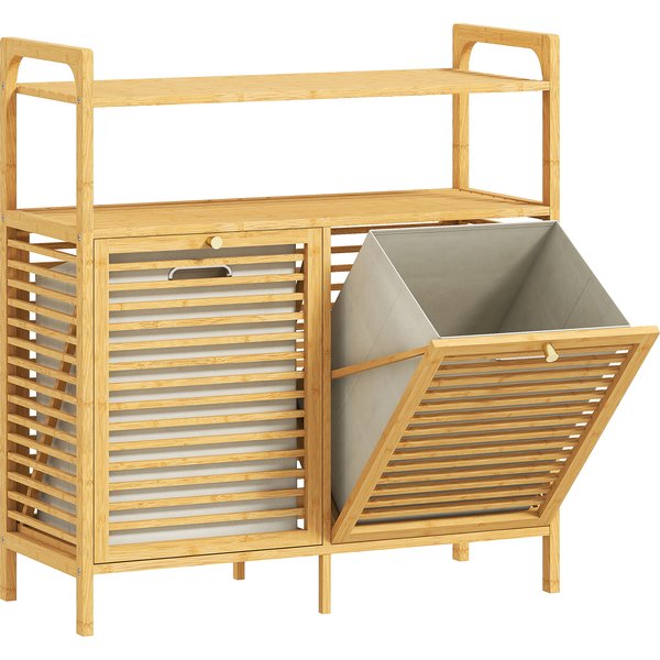 Homcom Meuble Salle De Bain En Bambou, Armoire Salle De Bain Avec 2 Paniers à Linge Et 2 éTagèRes, 82X33X88Cm, Bois Naturel-image