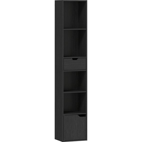 Homcom BibliothèQue, éTagèRe à Livres, Meuble De Rangement Avec Tiroir Placard Compartiments Ouvertes, 30 X 24 X 158 Cm, Noir-image