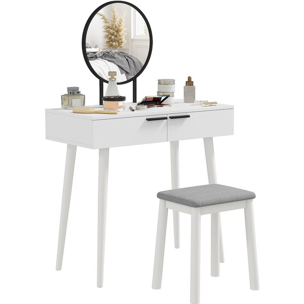 HOMCOM Dressing Table Set with Round Mirror Vanity Table Set w/ Makeup Desk, Cushioned Stool, 2 Drawers for Jewelry Storage, White Aosom UK
