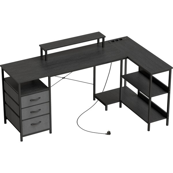 Homcom Bureau En L RéVersible, Bureau D'angle Avec Tiroirs Et éTagèRes, 170 Cm, Noir-image