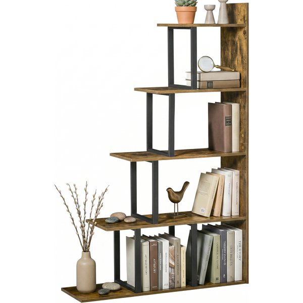Homcom ÉTagèRe BibliothèQue SéParateur De PièCe Style Industriel En Escalier 5 éTagèRes 102 X 30 X 160 Cm Coloris Brun Rustique-image