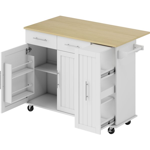 Homcom ÎLot Central Cuisine Avec Plateau Rabattable, Roulettes, 2 Tiroirs, Portes à Fermeture Douce, Porte-Serviettes, Blanc-image