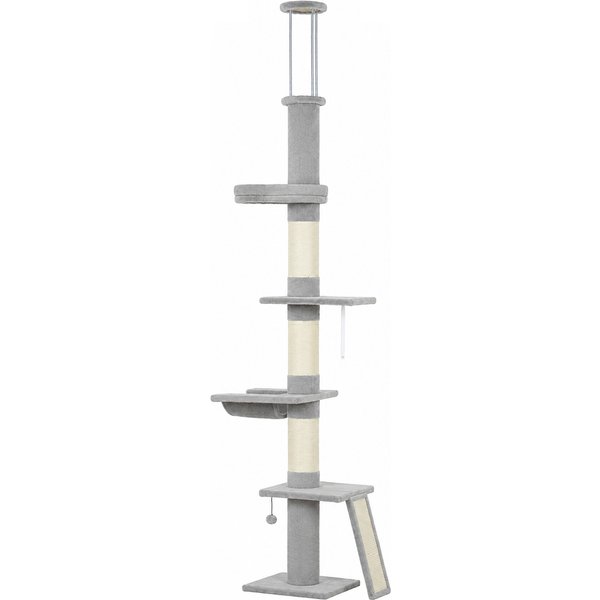 PawHut Arbre à Chat Du Sol Au Plafond Hauteur 230-260 Cm, 3 Poteaux Griffoirs, Hamac, En Peluche, Gris Clair-image