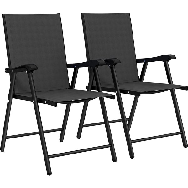 Outsunny Folding Garden Chairs Set of 2, Foldable Garden Dining Chairs with High Back, Armrests, Texteline Seat, Black