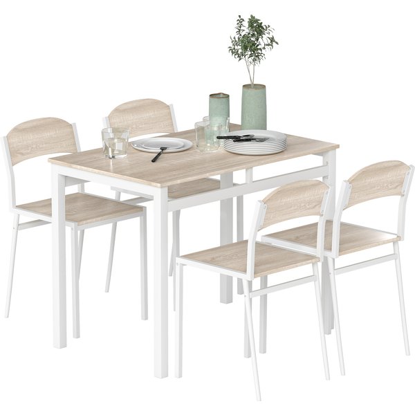 Homcom Ensemble Table à Manger 5 PièCes Avec 4 Chaises Cuisine Salle à Manger Salon Plateau Mdf Coloris Bois De ChêNe ChâSsis MéTal Blanc-image