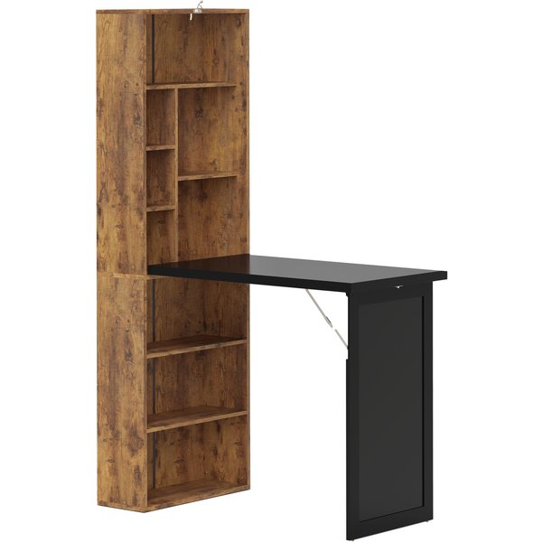 HOMCOM Fold-out Convertible Writing Desk Wall Mount Cabinet with Blackboard and Side Shelf Multi-Function Home Office Workstation, Rustic Brown | Aosom Ireland