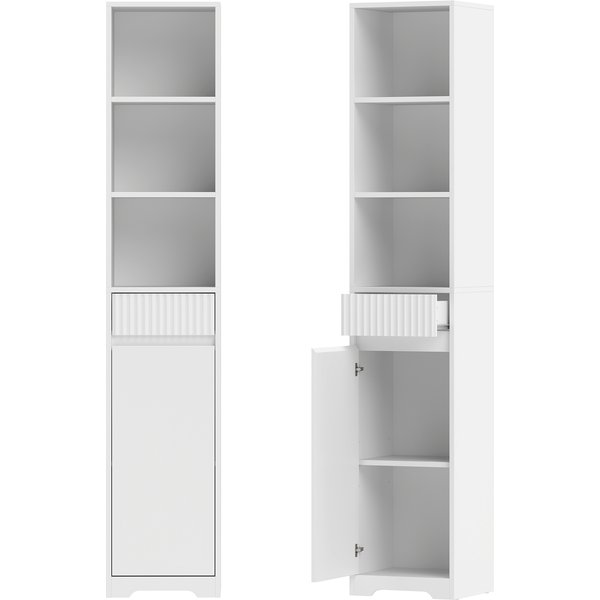 Homcom Meuble De Salle De Bain Haut, Meuble De Rangement Avec Porte, Tiroir, Compartiments Ouverts, éTagèRe RéGlable, Blanc-image