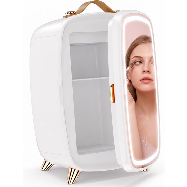 HOMCOM Skincare Refrigerator, 6L Mini Cosmetic Fridge with LED Mirror, Cooling Function for Bedroom, Skincare, Office, White