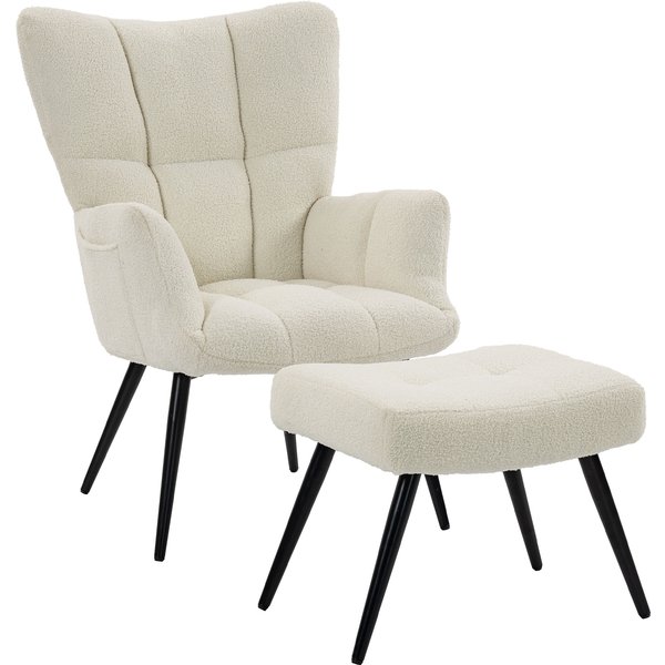 Homcom Fauteuil De Salon Avec Repose-Pied, Fauteuil D'appoint Capitonné En Peluche Teddy, Dossier Haut, Poches LatéRales, Beige-image