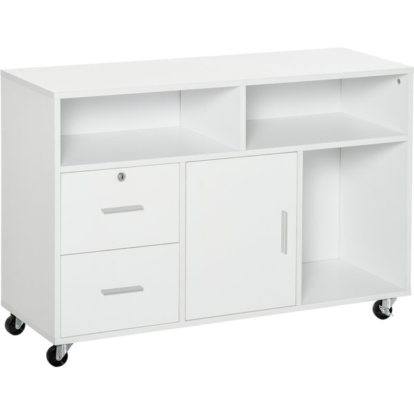 Homcom Support D'imprimante à 2 Tiroirs Meuble De Rangement Sur Roulettes éTagèRes Ouvertes Et Placard, 100 X 35 X 65 Cm, Blanc-image