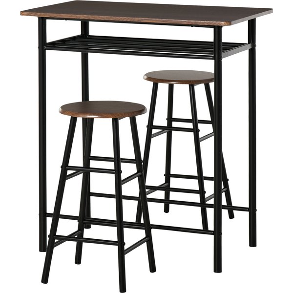 Homcom Ensemble Table De Bar 3 PièCes Et 2 Tabourets De Bar Avec Repose-Pieds, éTagèRe De Rangment, Panneaux De Mdf, Pied MéTal Noir Et Marron-image