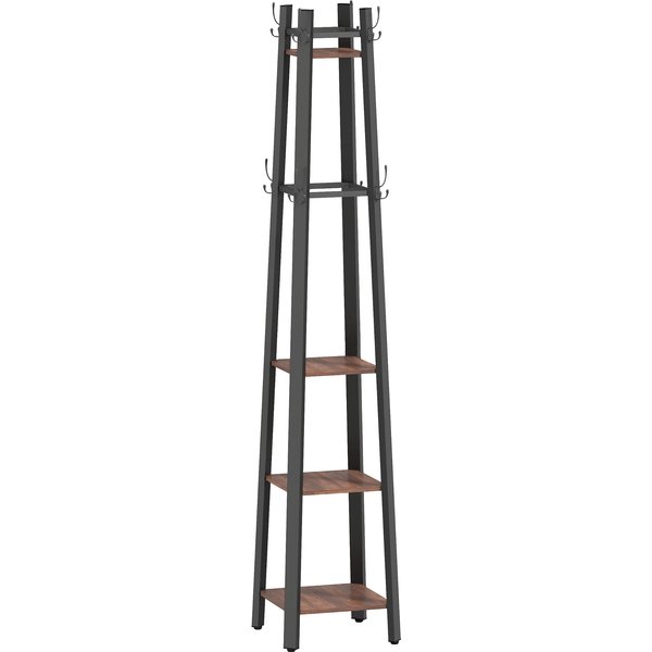 HOMCOM Garderobenständer, Kleiderständer mit 4 Ablagen und 8 Haken Garderobe Jackenständer im Industrie-Stil für Kleidung, Tasche und Hut, für Flur und Schlafzimmer Braun Aosom