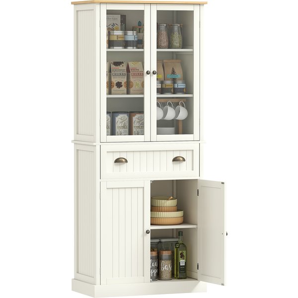 Homcom Meuble Salle De Bain Armoire De Cuisine 4 Portes Dont 2 Portes VitréEs Et 1 Tiroir Hauteur 182,5 Cm Avec éTagèRes Mdf Beige Aosom France-image