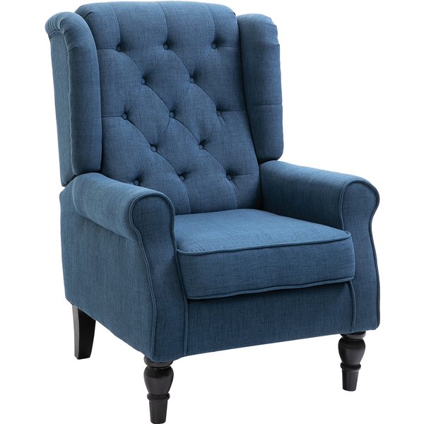 Homcom Fauteuil De Salon, Fauteuil Capitonné Avec Pieds En Bois, Assise Large, Grand Confort, Classique, 74X86X102Cm, Bleu-image