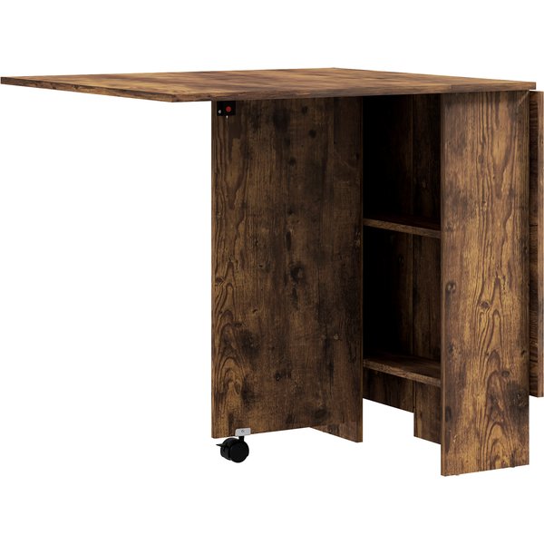 Homcom Table à Manger Pliante Mobile Sur Roulettes, 2 Plateaux Rabattables, 2 ÉTagèRes IntéGréEs, 140X80X74Cm, Brun Rustique-image