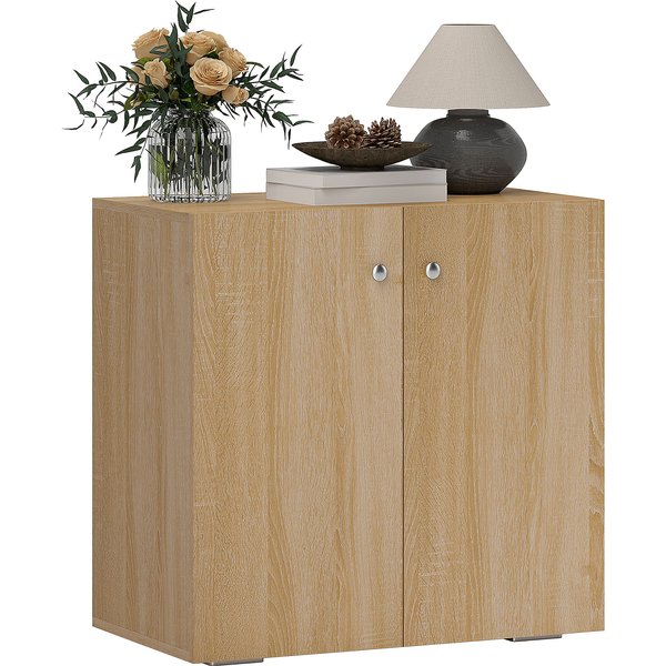 Homcom Buffet 2 Portes Avec éTagèRe Aspect ChêNe Clair 70L X 39L X 70H Cm Panneaux De Particules, MéTal (PoignéEs, CharnièRes)-image
