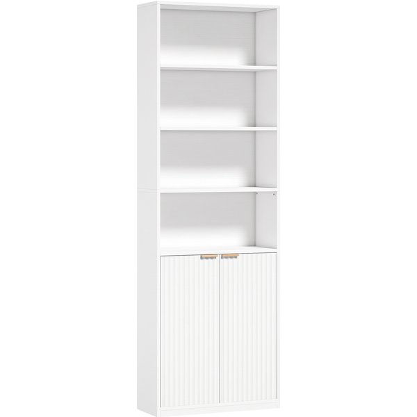 HOMCOM 6-stufiges Regal, Aufbewahrungsmöbel, Bücherregal 60 x 24 x 182 cm mit 4 offenen Fächern und 2 Türen, Aufbewahrungsregal für Wohnzimmer, Schlafzimmer, Büro, Weiß Aosom