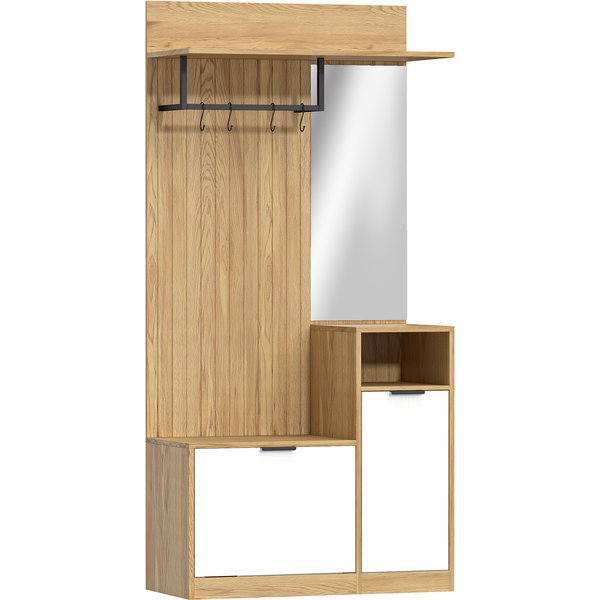 Homcom Meuble D'entréE 6 En 1, Vestiaire D'entréE Avec Banc à Chaussures Rabattable, Miroir, 80X37X168Cm, ChêNe-image