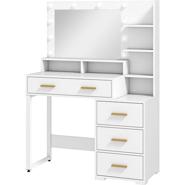 Homcom Coiffeuse Avec Miroir Et 9 LumièRes Led, 4 Tiroirs Et 6 Compartiments Ouverts, 100 X 40 X 138 Cm, Blanc-image