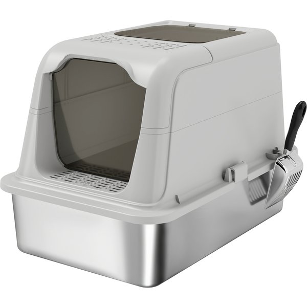 PawHut Maison De Toilette Pour Chat Bac à LitièRe Fermé Bac Acier Inoxydable, Nettoyage Facile, 60,4X40,4X41,8Cm, Gris Clair-image