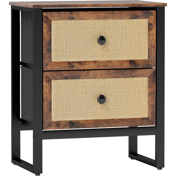 HOMCOM Bedside Table, Side Table with 2 Rattan Drawers, Bedside Cabinet with Storage and Steel Legs for Bedroom, Living Room, Rustic Brown | Aosom Ireland