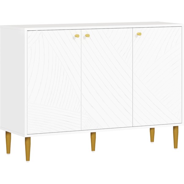 Homcom Buffet Meuble De Rangement Avec 2 Placard 3 Portes éTagèRes Ajustables Pieds DoréS En Acier 107 X 35 X 77 Cm Blanc-image