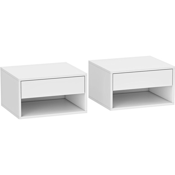 Homcom Lot De 2 Tables De Chevet Murales, Tables De Nuit, Tiroir, Compartiment Ouvert, Plateau, 37 X 32 X 21 Cm, Blanc-image