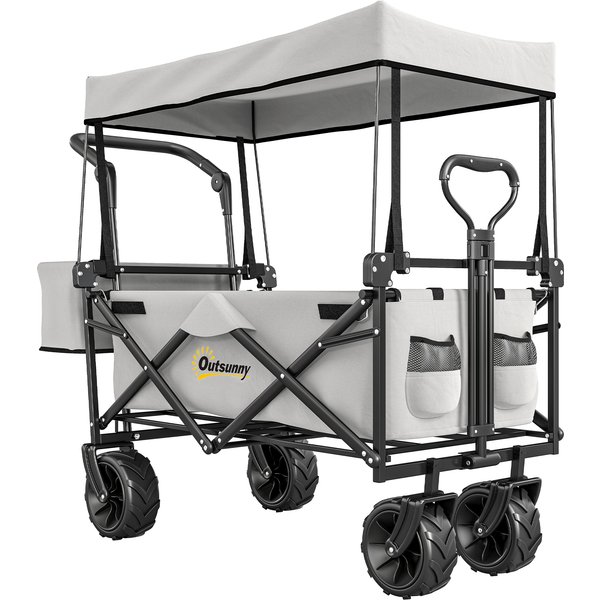 Outsunny Folding Trolley Cart Storage Wagon Beach Trailer 4 Wheels with Handle Overhead Canopy Cart Push Pull for Camping, Grey