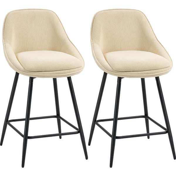 Homcom Lot De 2 Tabourets De Bar En Tissu Velours CôTelé, Chaises De Bar Avec Dossier Courbé, Repose-Pieds, 49X52X88Cm, Beige-image